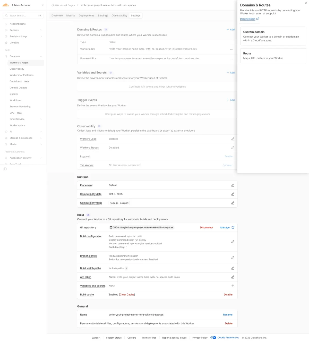 Domains and Routes panel with the Custom domain option