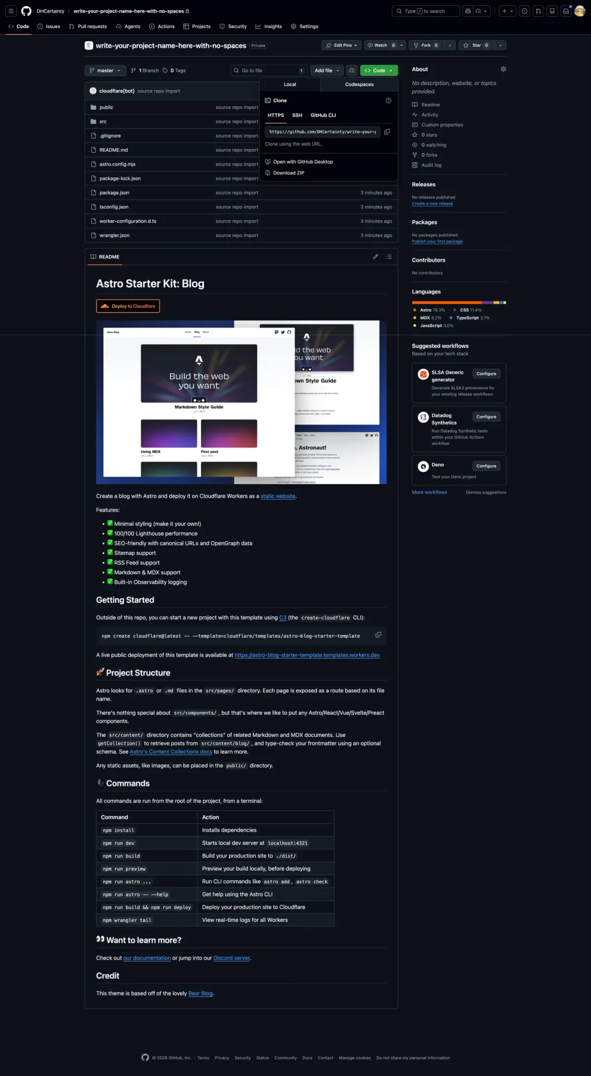 Copying the HTTPS clone URL from GitHub