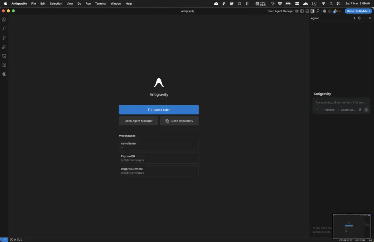 Antigravity welcome screen with the Clone Repository button