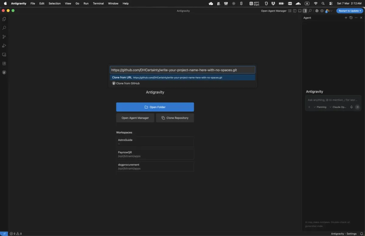 Antigravity with the clone URL pasted and Clone from URL selected