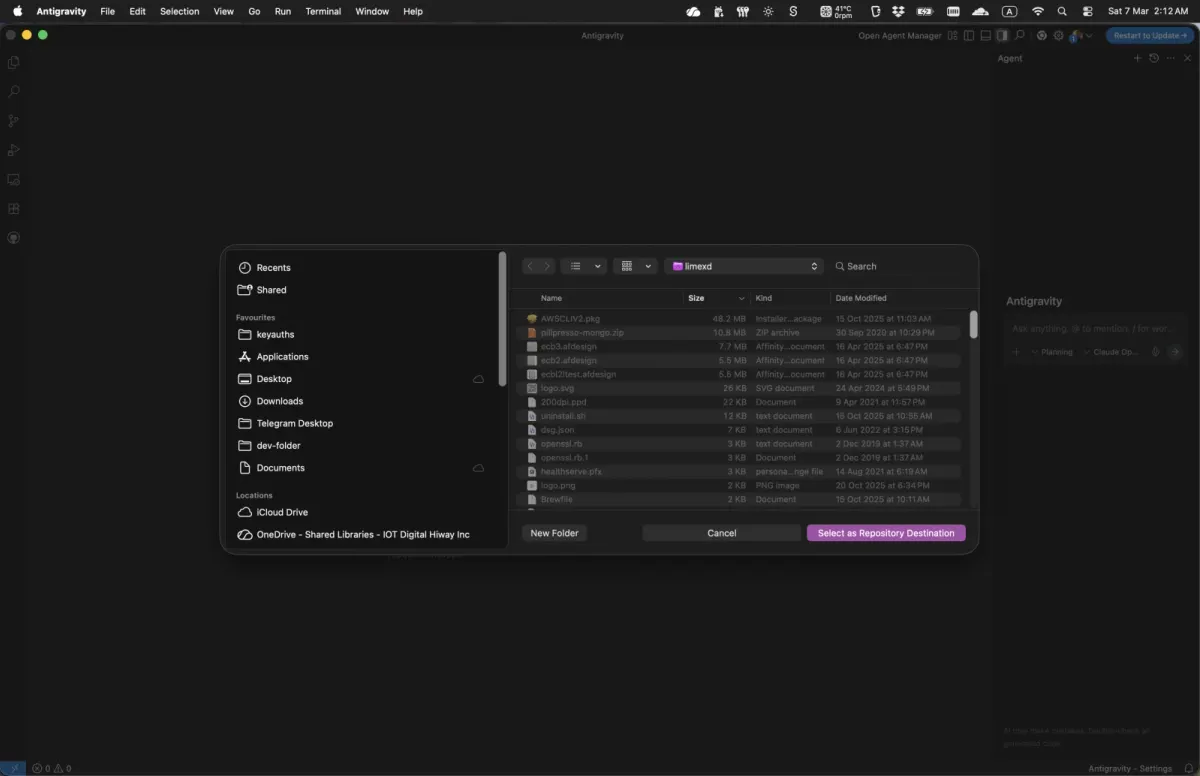 File picker with the Select as Repository Destination button