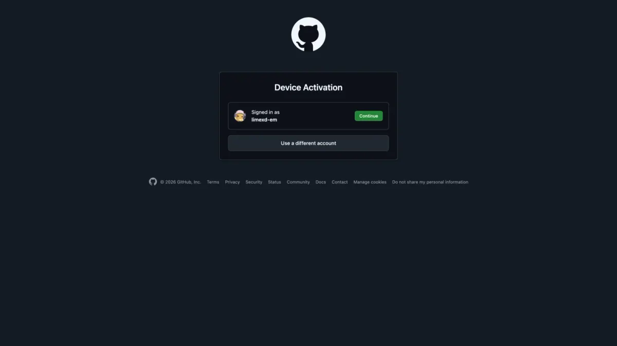GitHub Device Activation page with the Continue button