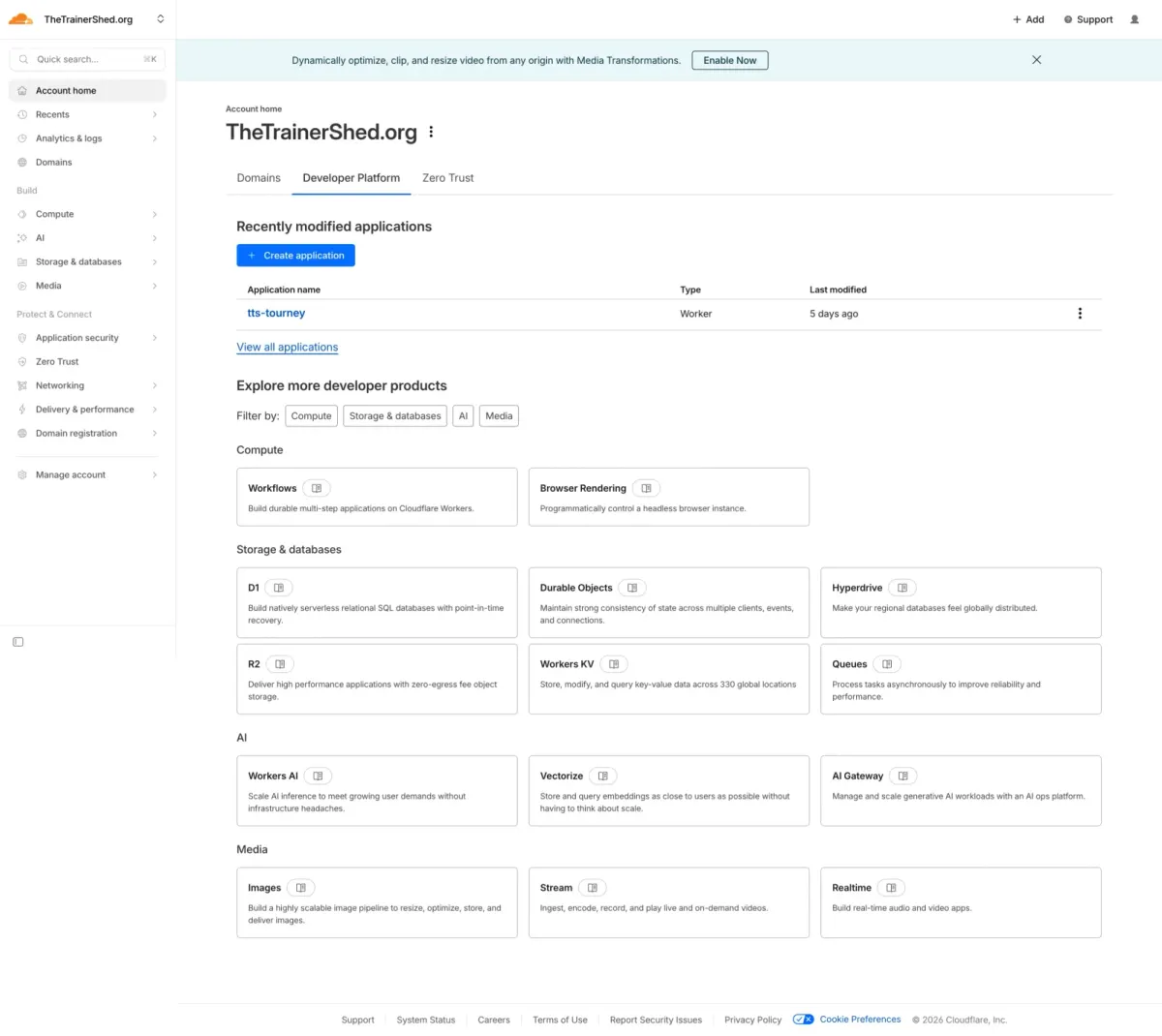 Developer Platform page with the Create application button
