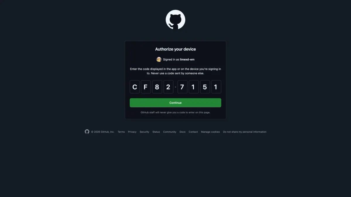 GitHub device code entry with the Continue button