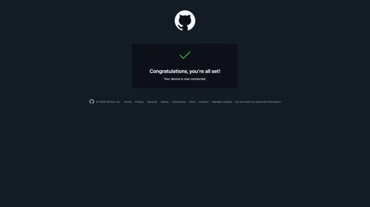 GitHub confirmation that the device is now connected