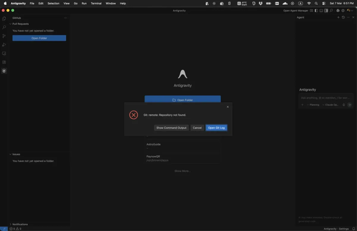 Antigravity error page caused by missing permissions