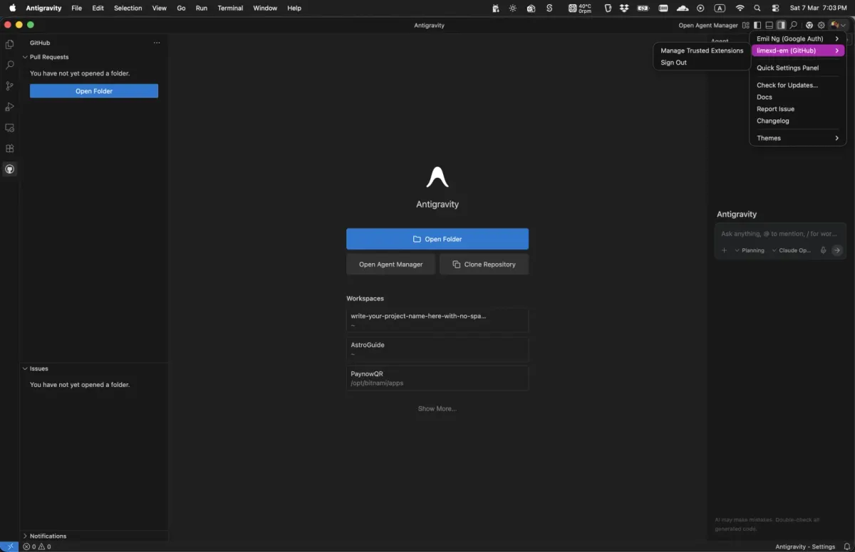Antigravity account menu with the Sign out option