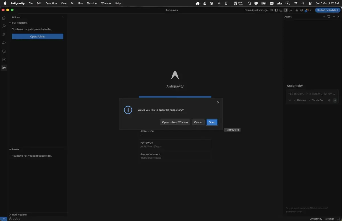 Antigravity dialog offering to open the repository