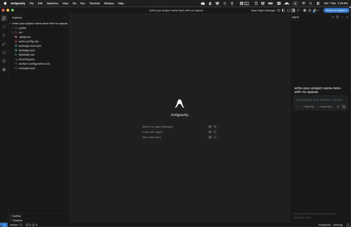 Antigravity with the project loaded and the chat panel open