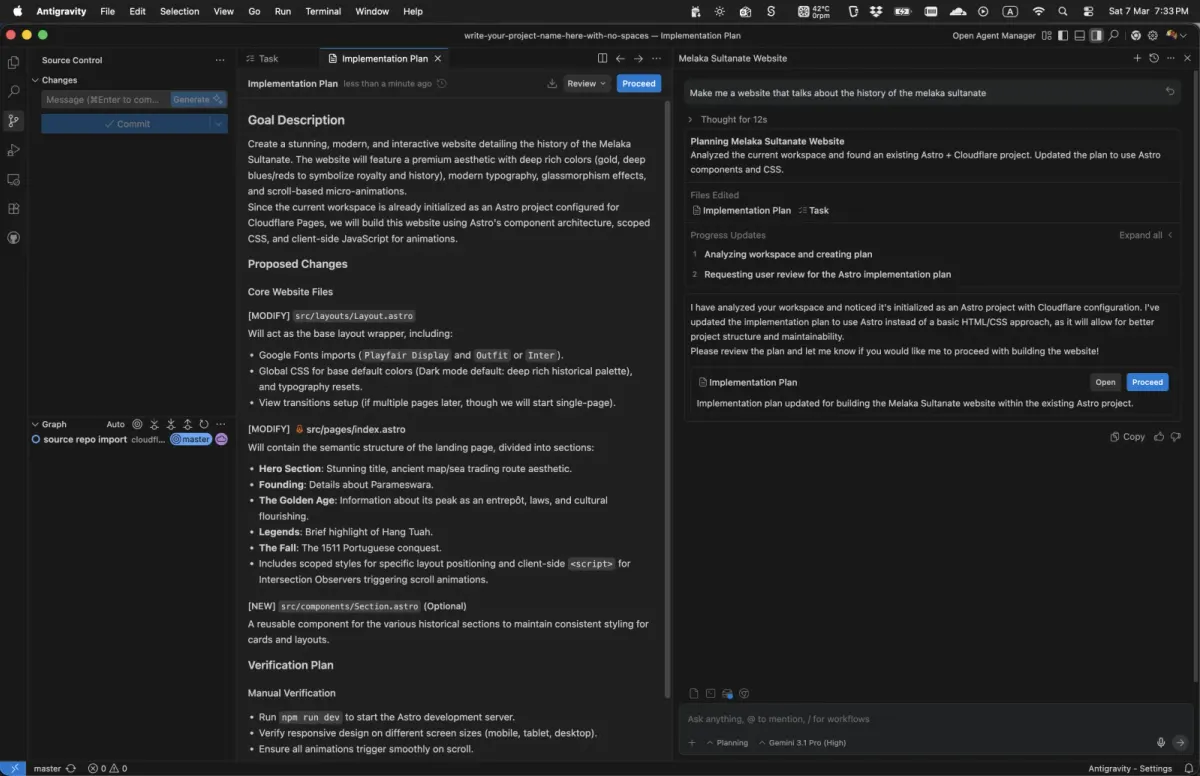 Antigravity showing the agent's plan for review