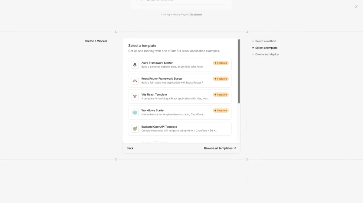 Template list with the Astro Framework Starter selected