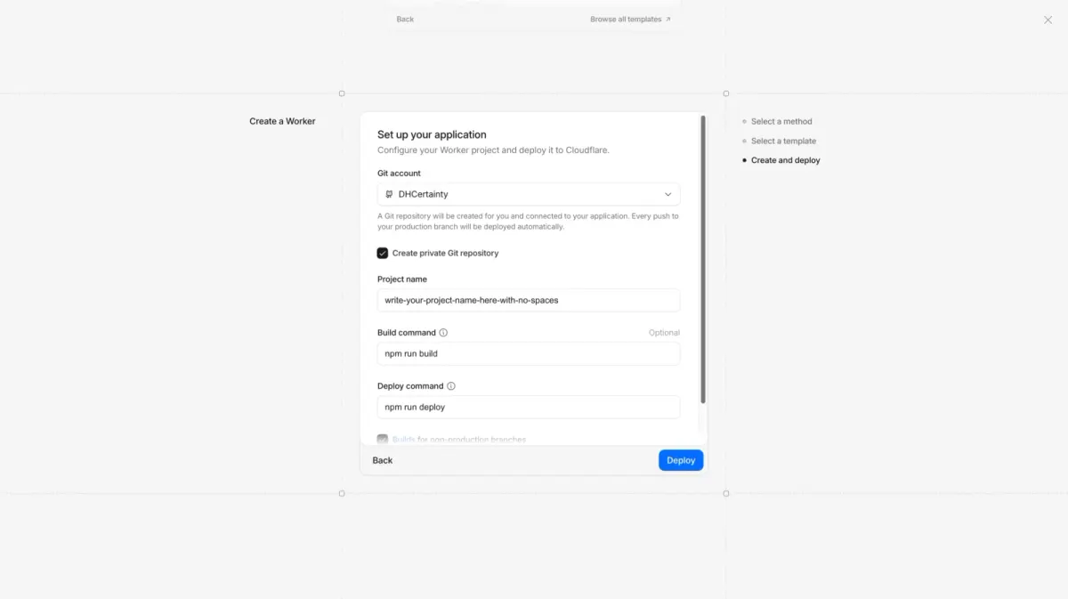 Set up your application form with Git account, project name and Deploy button