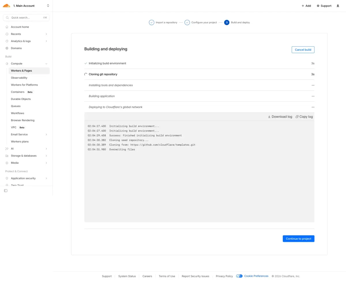 Build logs with the Continue to project button