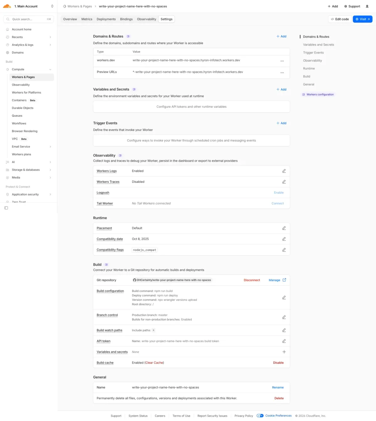 Settings tab with the Add button next to Domains and Routes